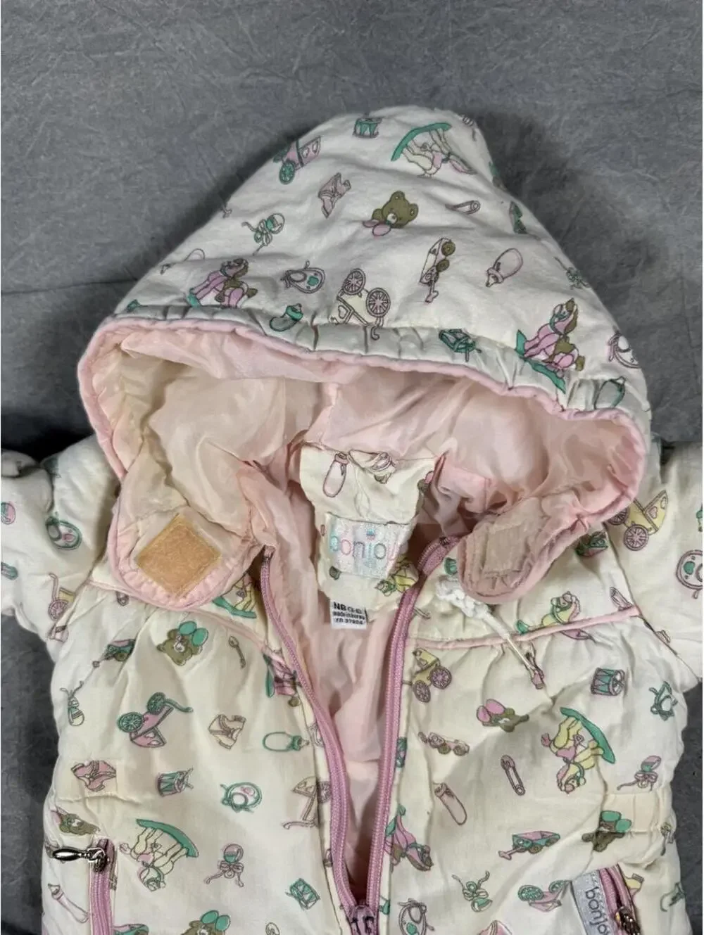 Vintage 80s Bonjour Baby Snowsuit 3-6M Pastel Nursery Print Made in Korea